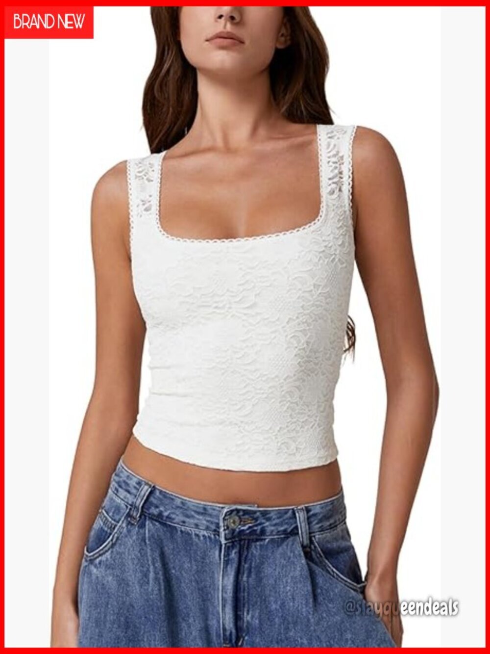 Lace Trim Square Neck Sleeveless Double Layer Tank Top Slim Fit